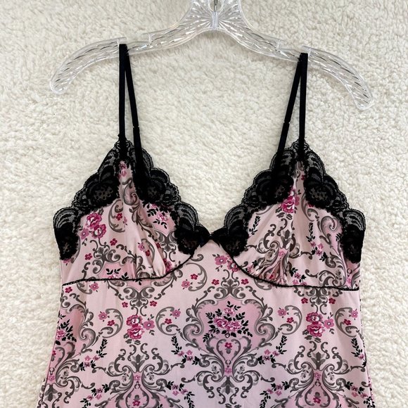 Y2K 2000s Whispers Pink Floral Swirl Slinky Stretch Lingerie Mini Slip Dress M - Picture 3 of 9